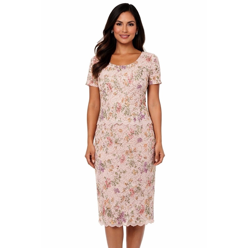 Bedford Fair Lifestyles Pink Floral Lace Midi Dress Short Sleeve 16 Bridal 89-24